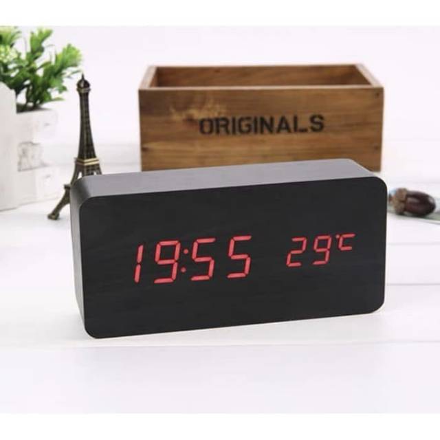 Jam Meja Kayu Digital Led Weker / Digital Wood Alaram Led Clock Merah