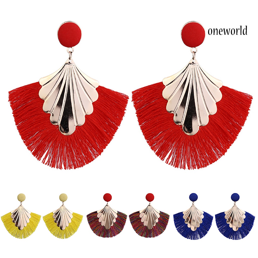 OW@ 1 Pair Women Creative Bohemia Fringed Fan Shape Dangle Earrings Jewelry Gift for Party