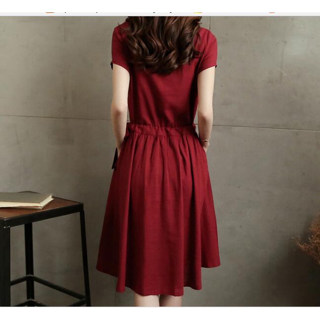 Dress Midi Casual Elegan Bahan Katun Linen Gaya Korea Warna Merah