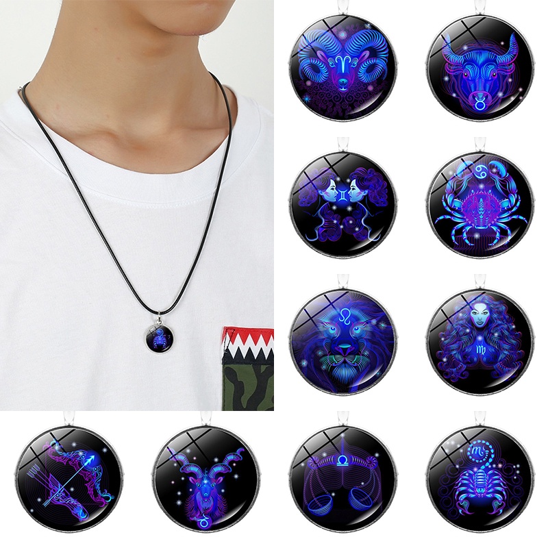 Kalung Liontin Bulat Motif 12 Zodiak luminous Untuk Pria Dan Wanita