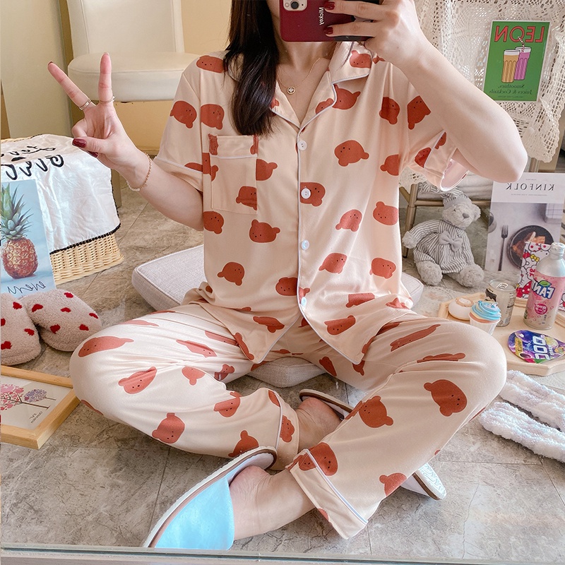 Piyama Baju Tidur Wanita Import Fashion Karakter CP Kerah Kemeja Lengan Pendek Celana Panjang-7404