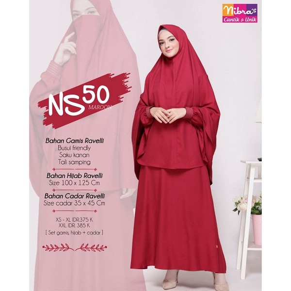 PROMO GAMIS NIBRAS NS 50 MAROON SET SYARI HIJAB KHIMAR DRESS BAJU BUSANA MUSLIM WANITA DEWASA IBU BU