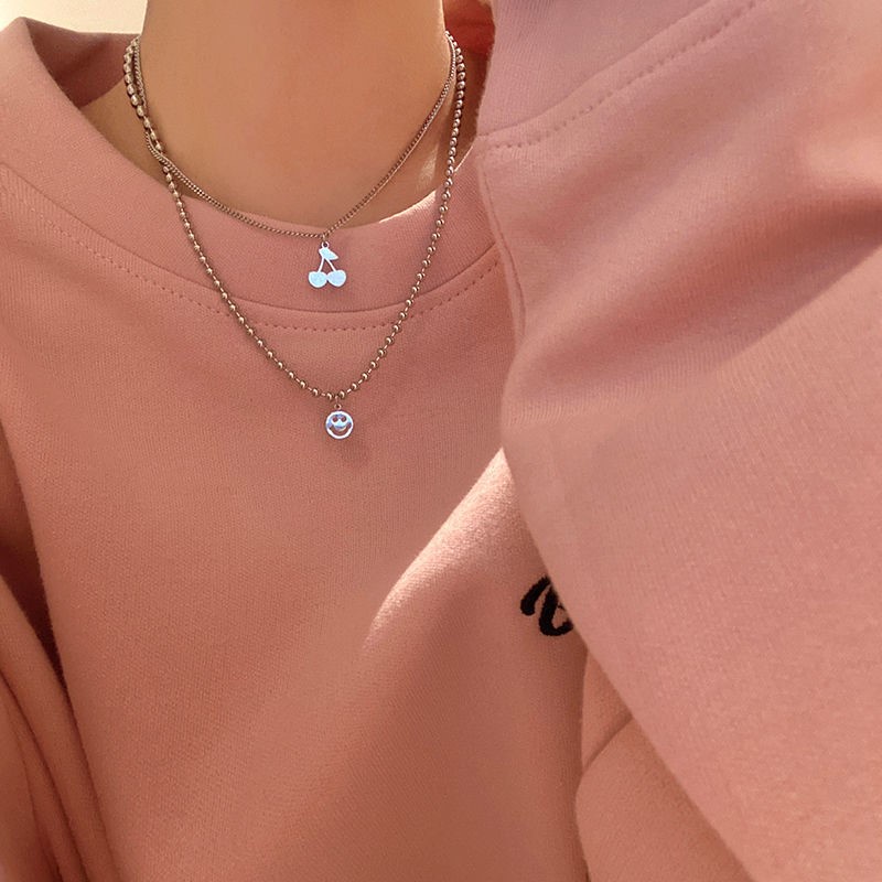 We Flower 1PC Kalung Rantai Manik-Manik Liontin Cherry Smiley Face Bahan Stainless Steel Gaya Korea Untuk Wanita