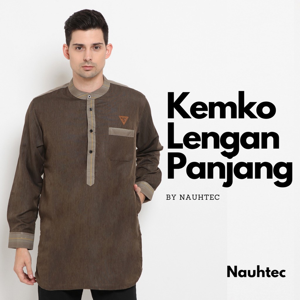 Kemeja Koko Pria Dewasa Kemko  Nauhtec Lengan Panjang Warna Coklat Fashion Muslim Pria