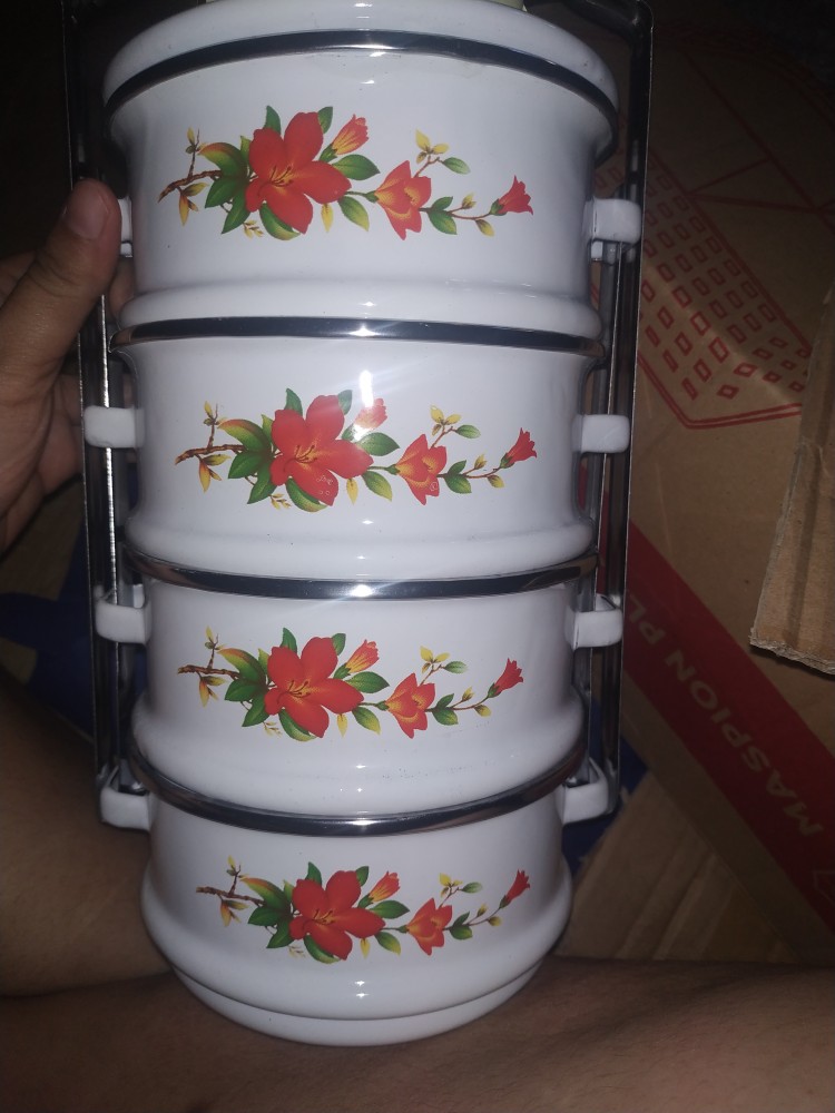 Rantang Enamel Seng Kaleng Jadul 12/4 Putih / Lunch Box Tempat Wadah Makan Enamel 4 Susun Putih