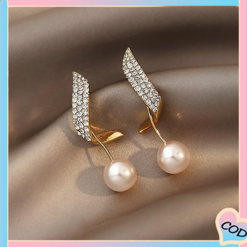 COD❤️ Anting Mutiara Berlian Elegan Anting Fashion Sederhana-A.one