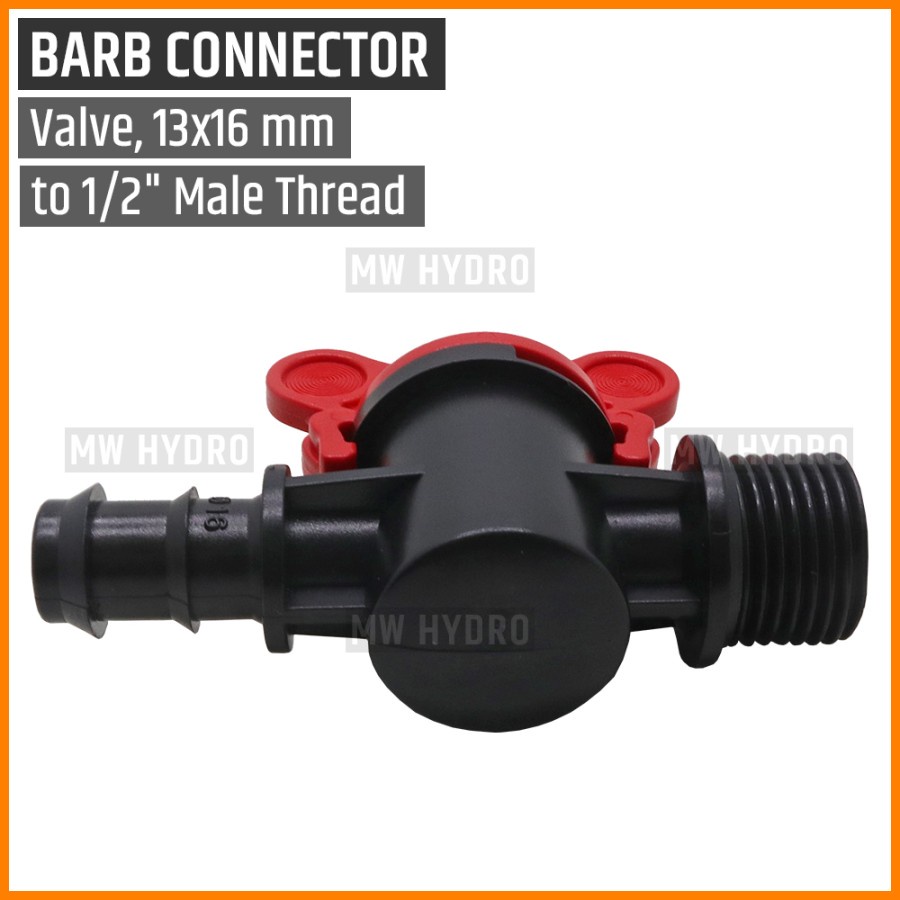 Barb Valve 1/2 inch Drat (Male/Jantan) ke Selang PE 16 mm / 13 mm