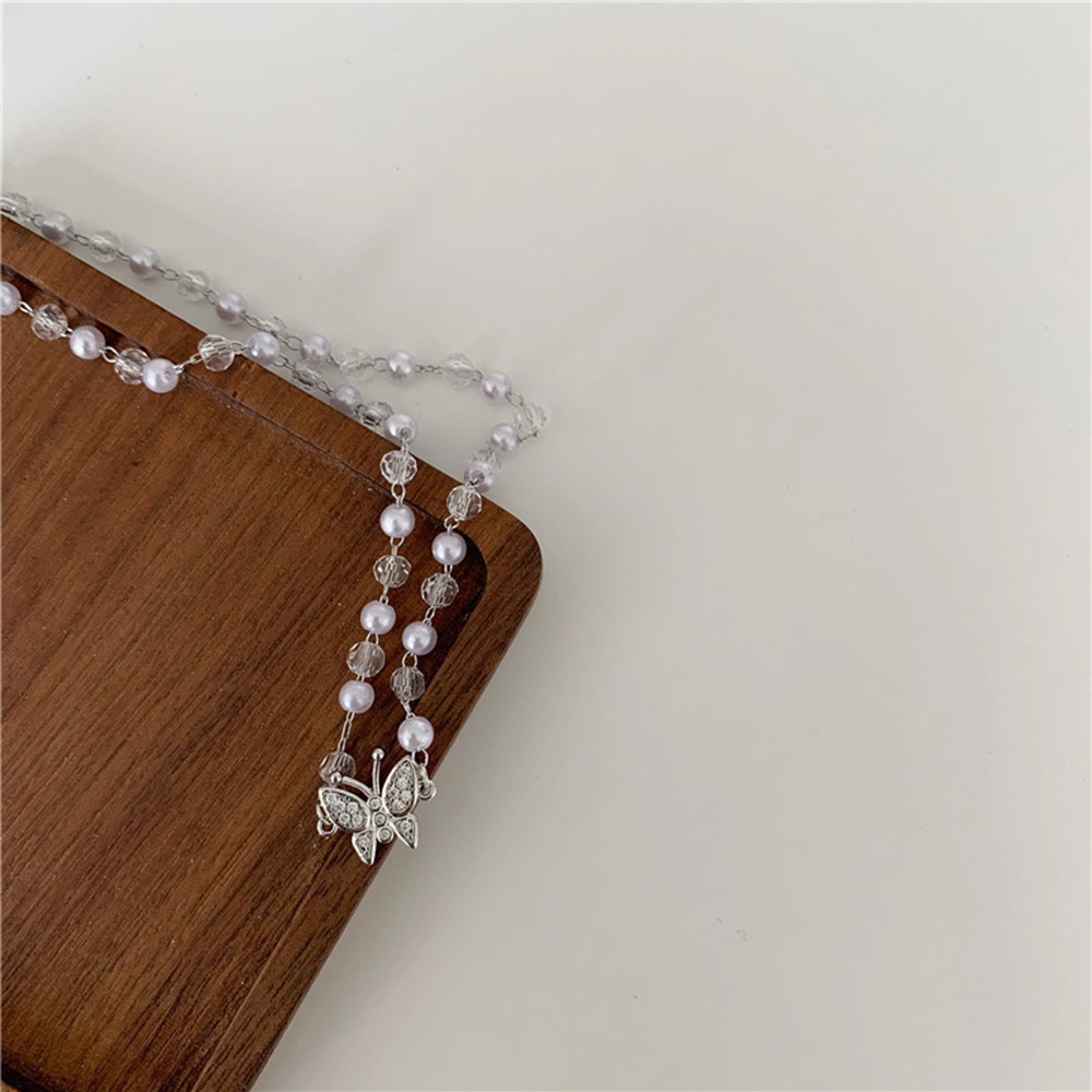 【COD Tangding】Crystal Pearl Butterfly Necklace Clavicle Chain Female Fashion Accessories Jewelry