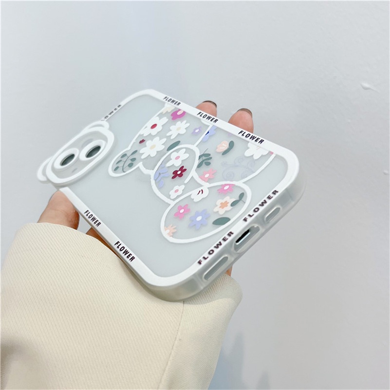 Soft Case Silikon TPU Transparan Motif Bunga Beruang Untuk case hp Compatible for iPhone 14 13 12 11 Pro Max X Xr Xs Max SE 2020 8 7 6 6s Plus Clear Floral Bear Phone Case Silicone Soft TPU handphone murah casing cover Lens Protector Shockproof Back Cover