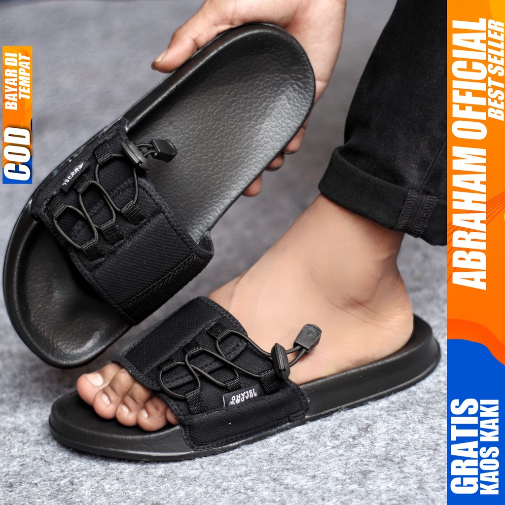 ABRAHAM VINCET Sandal Slide Pria Sendal Distro Terbaru Cowok Hitam