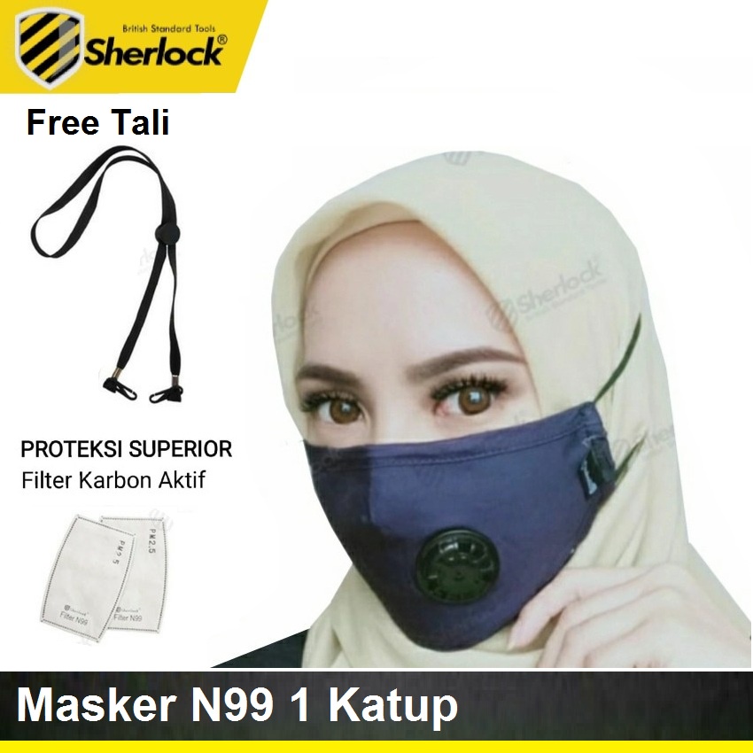 Masker N99 Carbon Filter Sherlock Respirator Single Valve + Tali Hijab