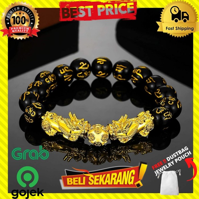 Gelang Batu Pixiu Obsidian Jimat Mantra Buddha Pria Wanita 12Mm G339