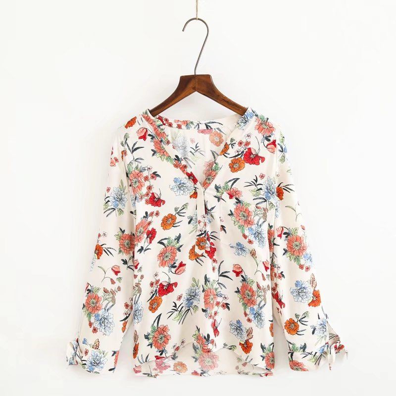 Blus Motif Bunga Lengan Panjang Import - 44705 Beige Natural Daisy Blouse