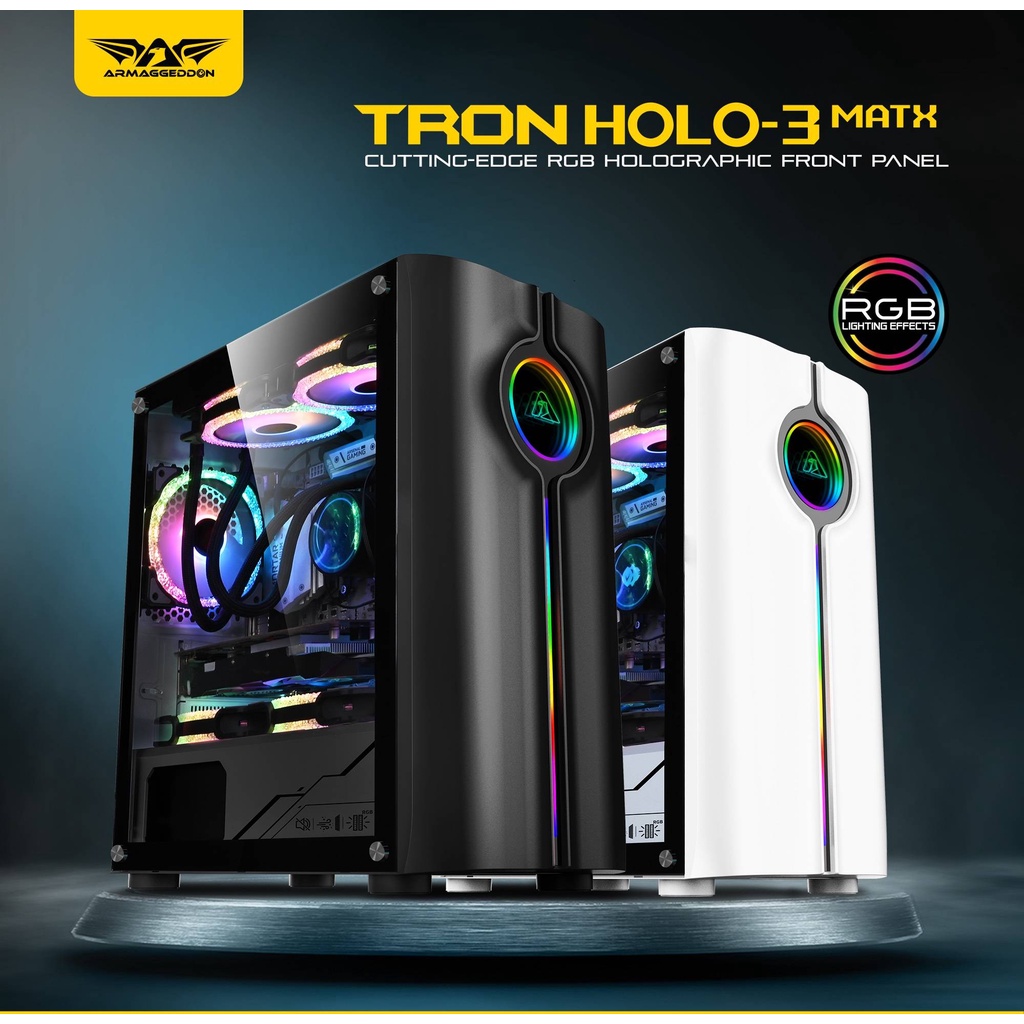 Casing PC Gaming Tron Holo 3 RGB Armaggeddon Holographic Micro ATX Matx M-atx Side Tampered Glass Kaca Samping