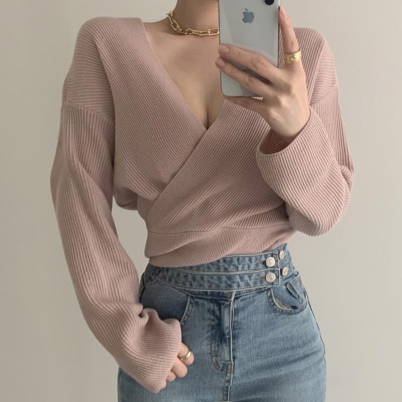 Korea feminin V-neck cross-exposed collarbone pit strip atasan sweater rajutan lengan panjang longga