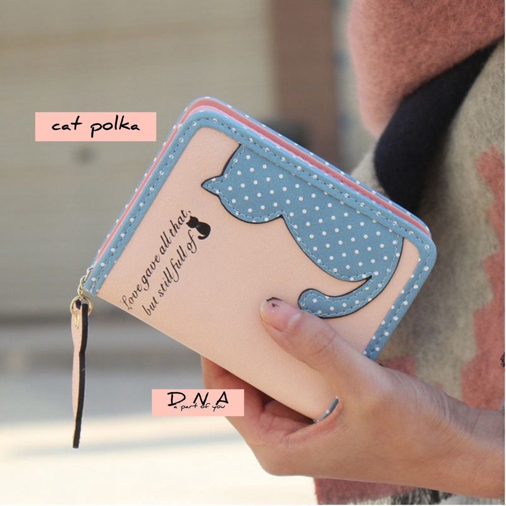 FLASH SALE 7.7 - DOMPET LIPAT/PENDEK WANITA POLKADOT KUCING UKURAN 19x9 CM | DOMPET WANITA HITAM, PEACH, KUNING, UNGU | DOMPET RECEH/LIPAT | DOMPET UANG KERTAS/KOIN