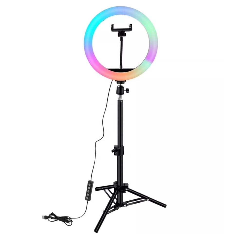 Ringlight 26cm Rainbow RGB Selfie Ring(PAKET KOMPLIT)+Tripod 2.1M+Holder-Satu Set Ring Light 26 cm Rainbow RGB-Ring Light Selfie HP &amp; Camera 1Set Lightning Photography TIik tok Livestreaming-Vlogger-Youtube