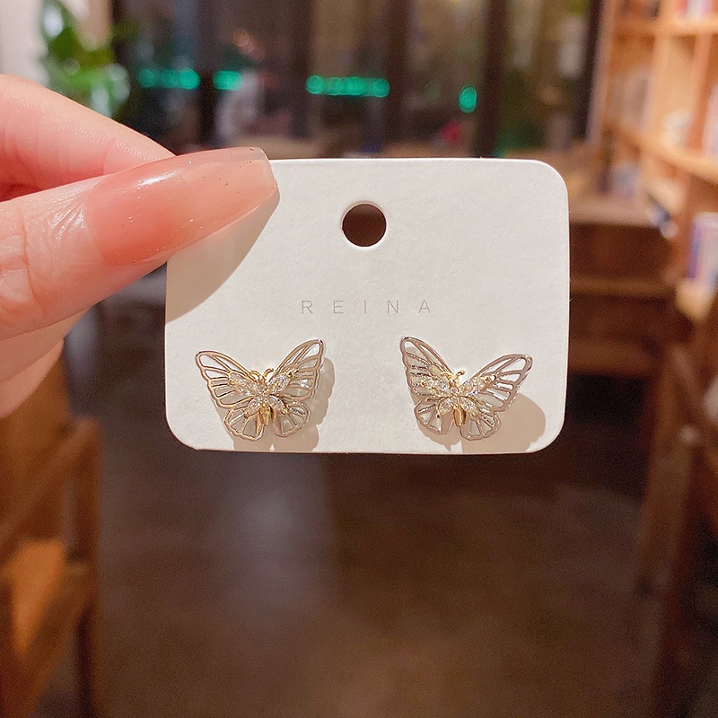 Anting Tusuk silver 925 Desain Kupu-Kupu Hollow Hias Zircon Untuk Wanita