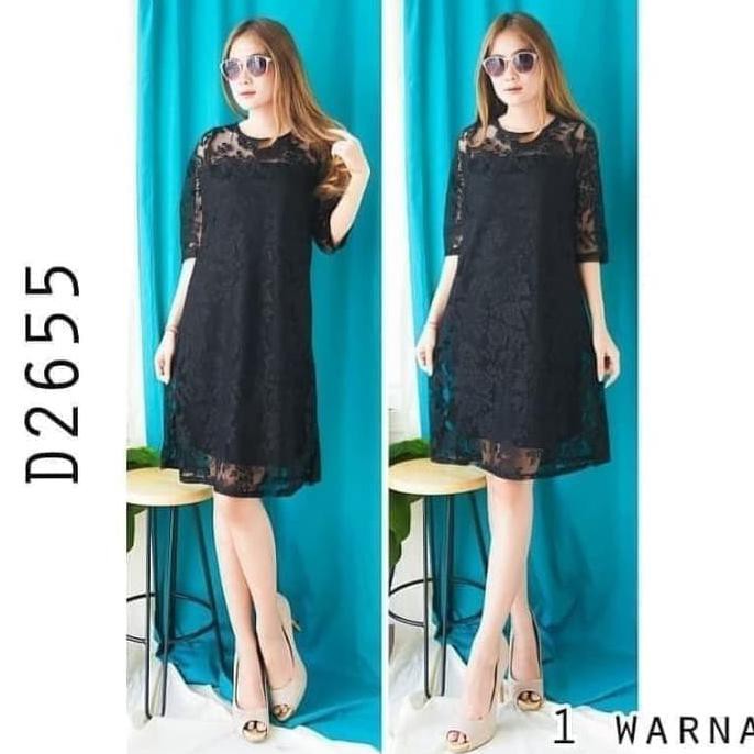 Laris mini dress brukat brokat furing wanita casual gaun black hitam CUCI GUDANG
