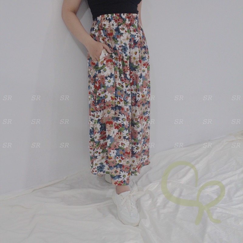 Rok Wanita Panjang Korean A Line Maxi Motif Floral Cantik Premium Ringan Dingin-No.05