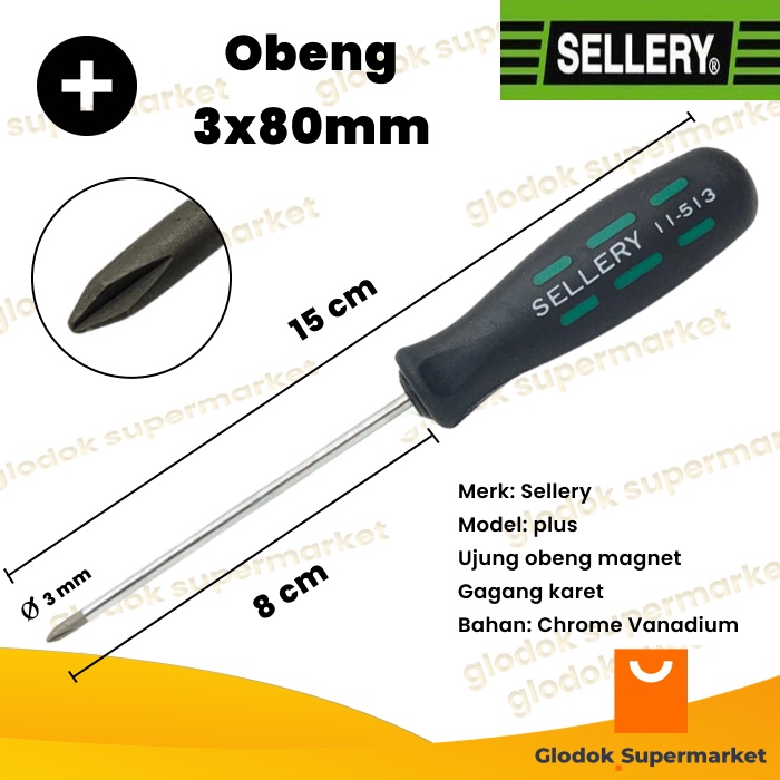 Obeng Plus 3 inch Sellery 11-513 Diameter 3mm Panjang Besi 8cm Magnet Gagang Karet