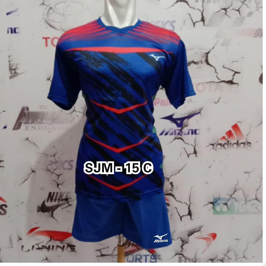Best Seller.. Baju dan Celana Bola Voli Printing Motif Kilat Petir Blakang Drifit Polos Biru