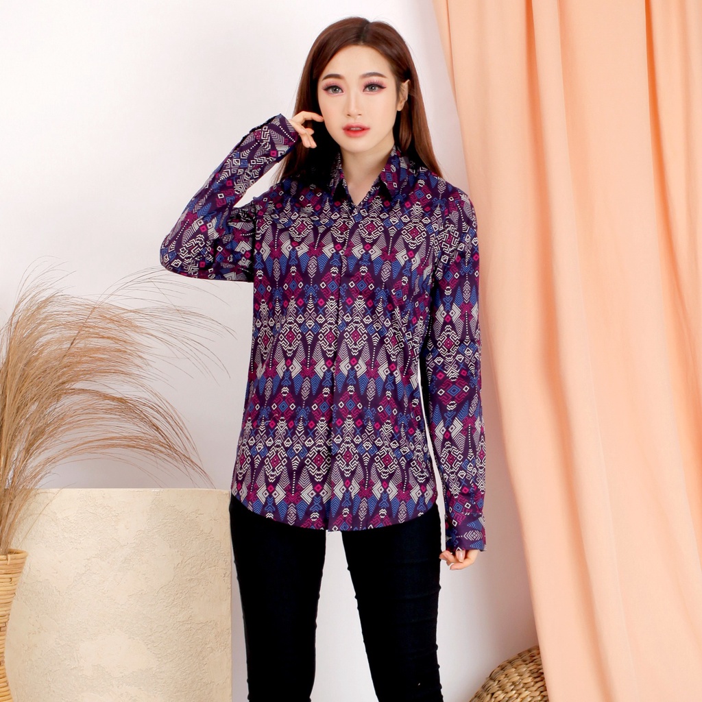 Pretty Batik NILA Kemeja Wanita Lengan Panjang Katun Stretch-BBJ-Purple