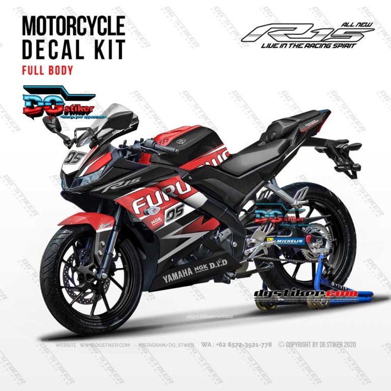 Decal Striping Full Body R15 V3 Hitam Merah DG Stiker