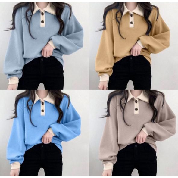 Sweater Wanita Collar Girl Sweater Kancing Polos Kerah Bahan Flecee