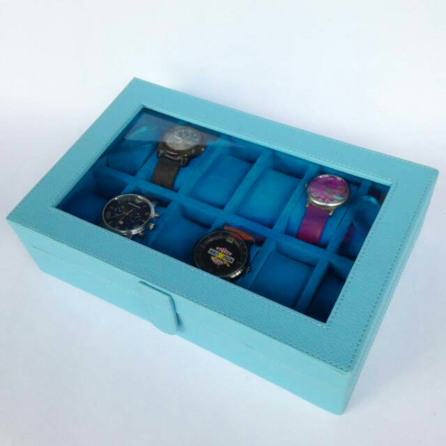 Box Jam Tangan isi 12 Warna Biru Muda / Tempat Jam Tangan / Kotak Jam Tangan