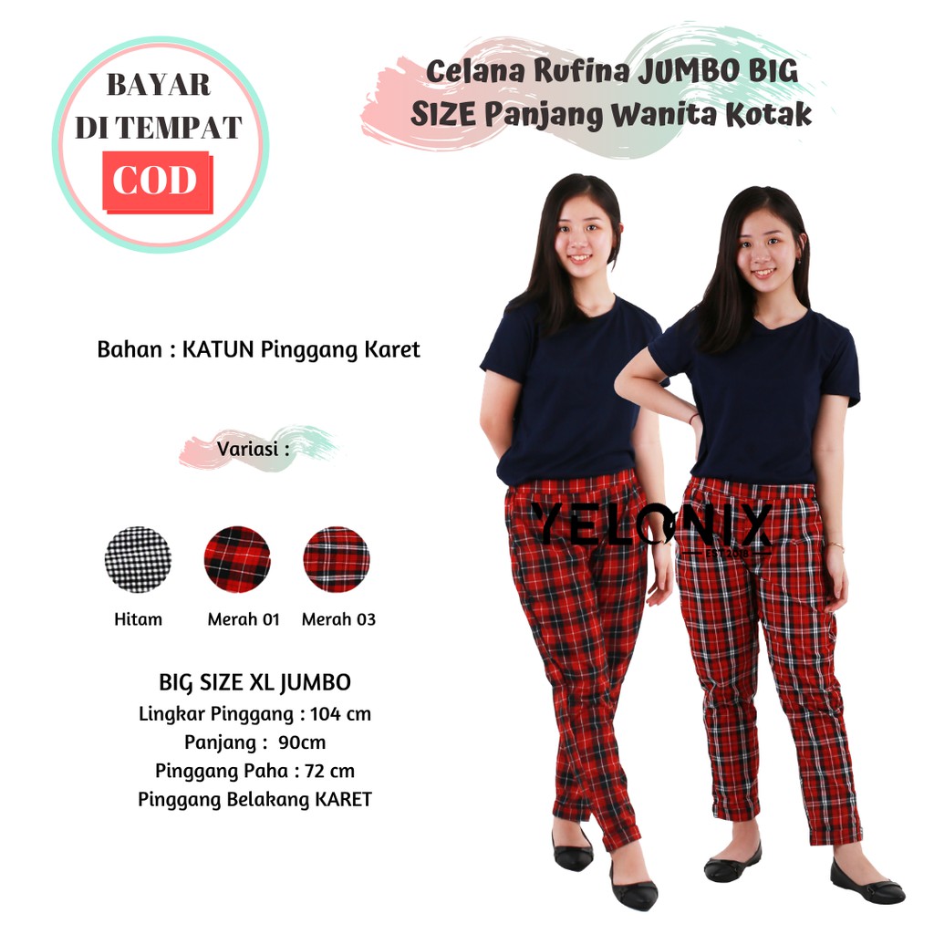 Celana Rufina BIG SIZE JUMBO Panjang Wanita Kotak  Pants Tartan Cewek Casual Katun - YELONIX