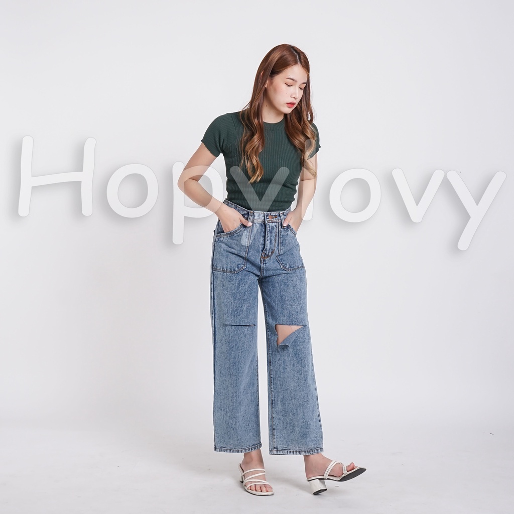 HOPYLOVY Celana Kulot Jeans Wanita Sobek Lutut Highwaist Jeans BF Avika