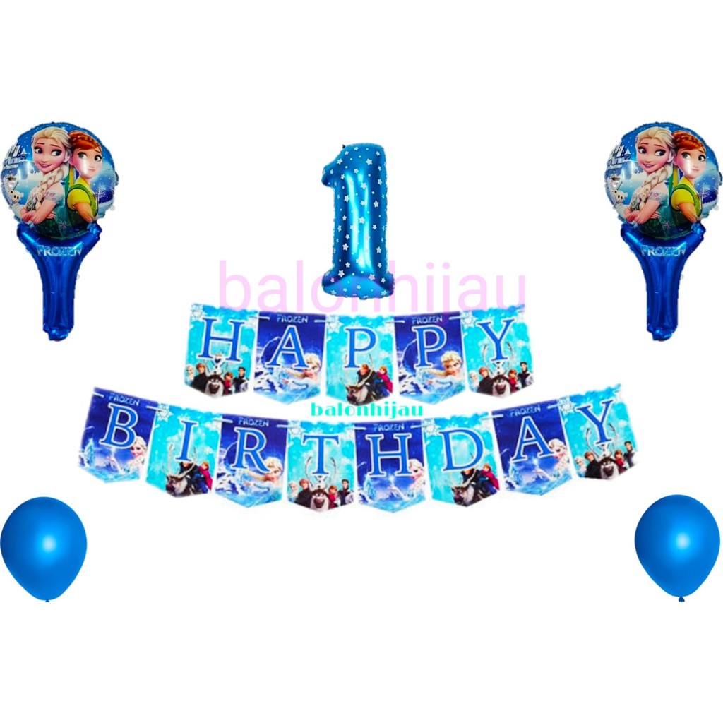 PAKET DEKORASI ULANG TAHUN SIMPLE FROZEN ISINYA BANNER REG + 2 TONGKAT + ANGKA BIRU + 2 BALON BIRU