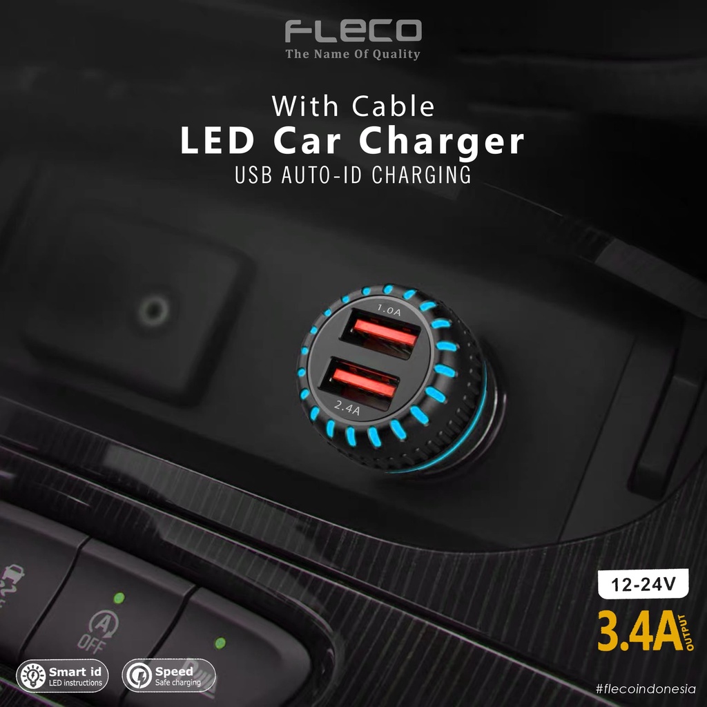 Car Charger FLECO F-87 Saver Colokan Mobil 2 Ports QC3.0 3.1A Qualcomm Black White