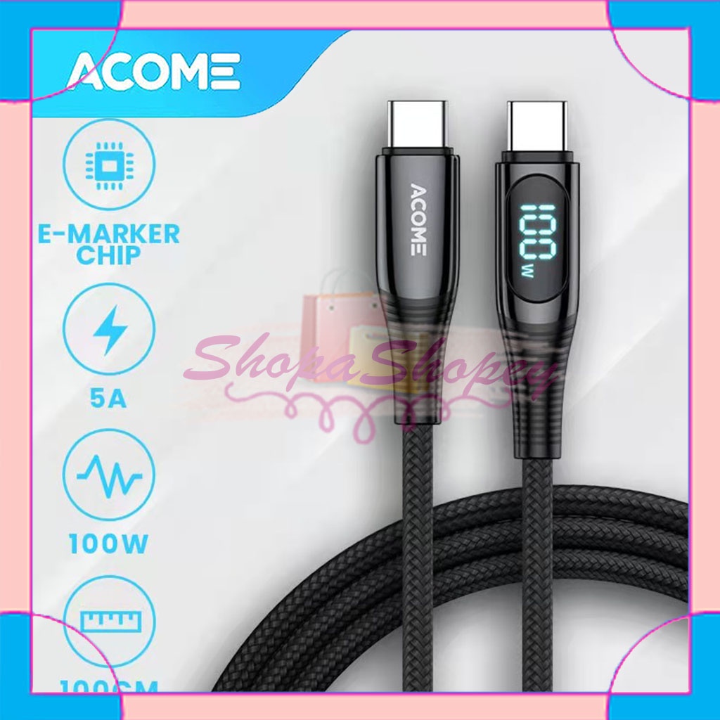 Kabel Data Fast Charging ACOME APD100  5A 100W Type C To Type C Smart LED Display Garansi Resmi 1 Tahun