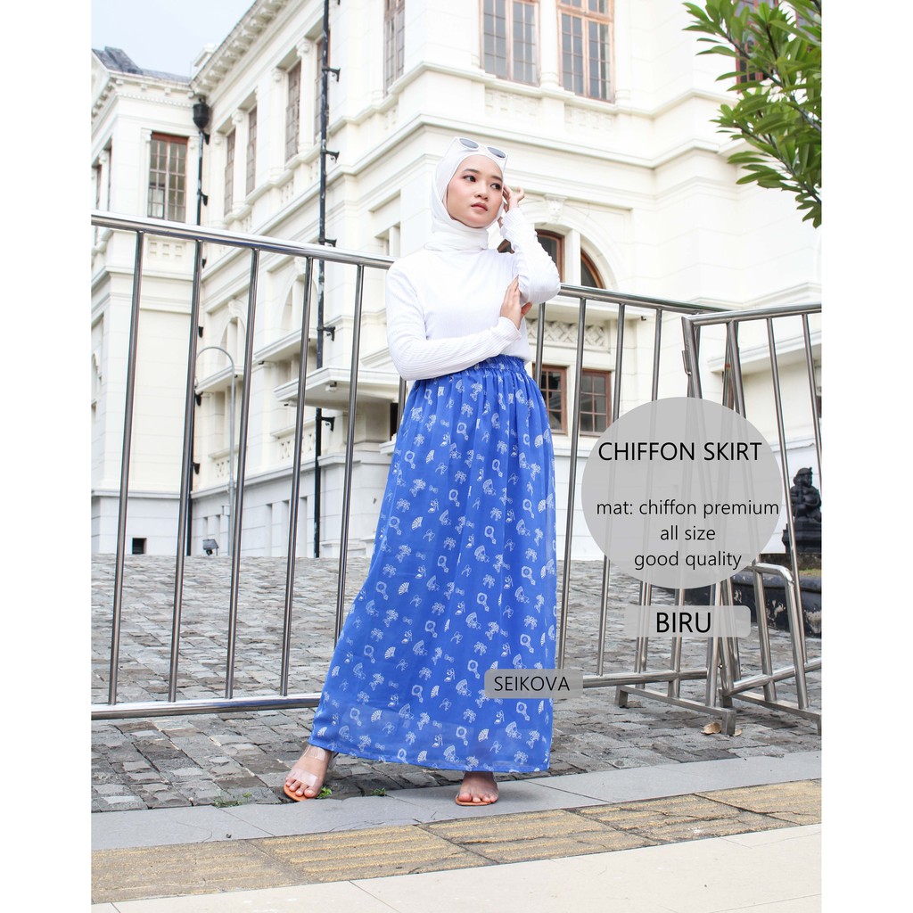 Rok panjang motif - rok sifon motif - ROK PINGGANG KARET - ROK MOTIF BIRU - ROK VINTAGE - ROK REMAJA