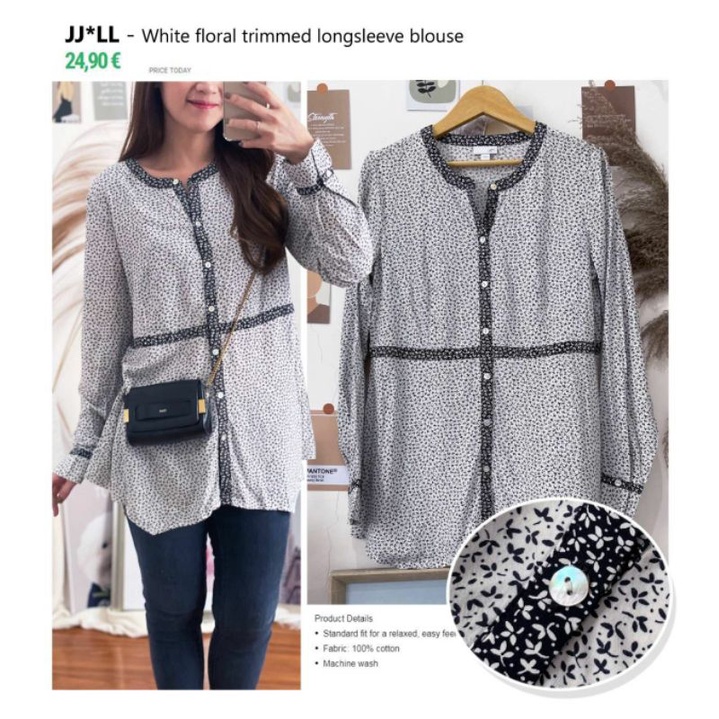 J jill white floral trimmed long sleeve blouse