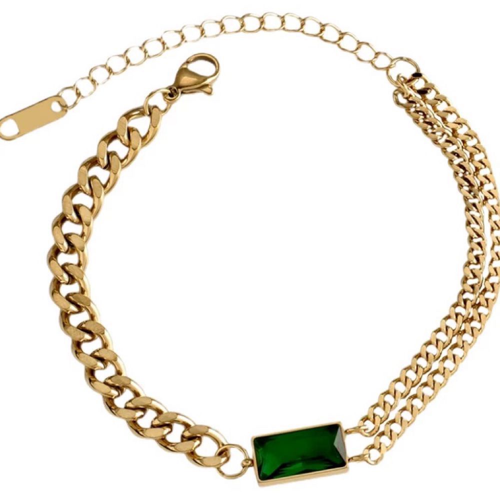 Gelang Tangan Rantai Baja Titanium Aksen Batu Emerald Untuk Wanita