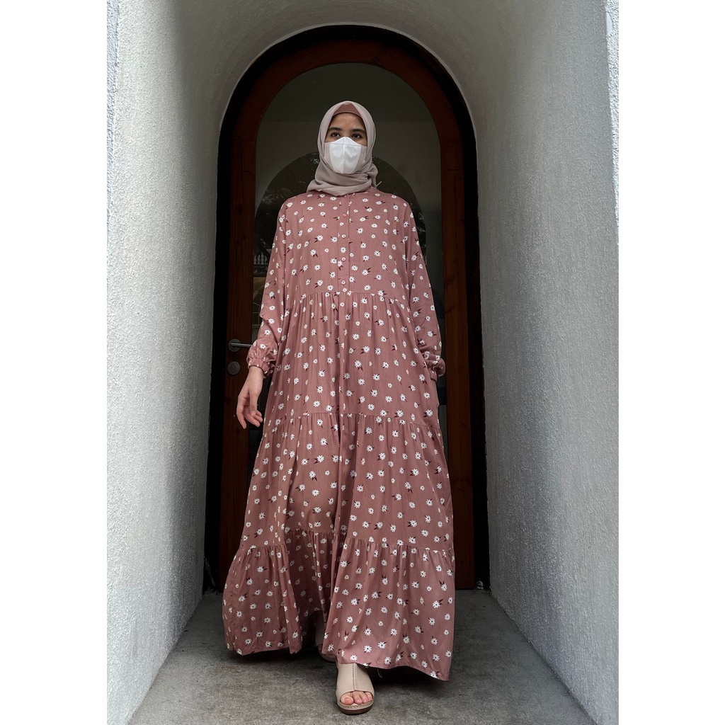 FLOWERY PASTEL DUSTY PINK by YUMNAA HIJAB - GAMIS ADEM - GAMIS CASUAL - GAMIS RUMAHAN - GAMIS HARIAN