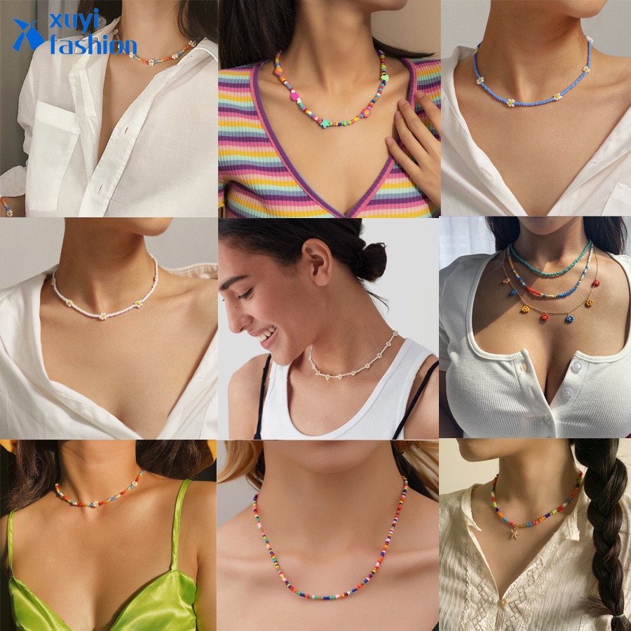 Kalung Choker Rantai Manik-Manik Kecil Warna-Warni Gaya Boho Untuk Wanita