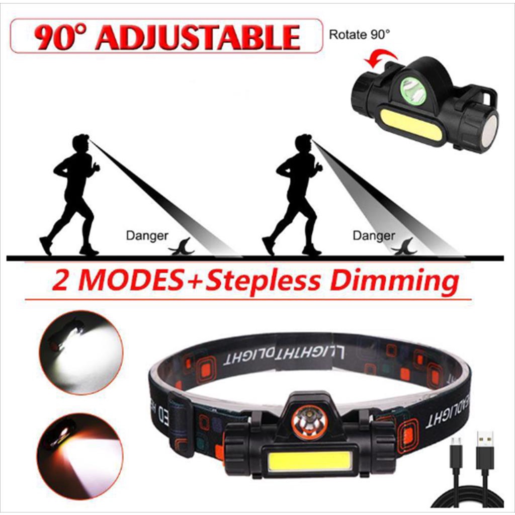 Senter Kepala LED 2 in 1 Waterproof Headlamp Rechargeable