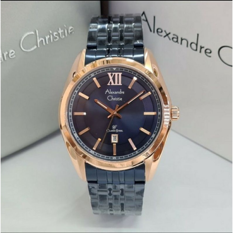 ORI GARANSI JAM TANGAN PRIA ALEXANDRE CHRISTIE COWOK BLUE ROSEGOLD RANTAI ALEXANDER CRISTIE AC 8501