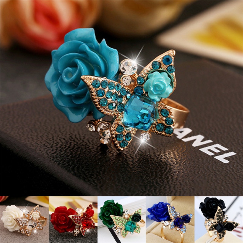 Butterfly Cincin Kristal Berlian Imitasi Bentuk Kupu-Kupu Adjustable Untuk Pertunangan