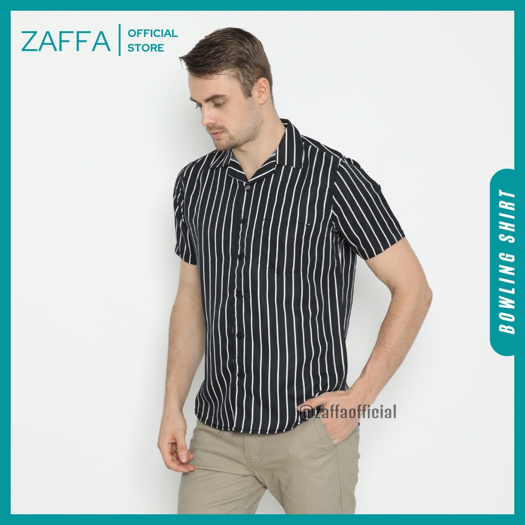 Zaffa Kemeja Salur Pria Lengan Pendek  Kerah Pantai Katun Motif Stripe Garis Hitam Bowling Shirt Unisex Z-1001