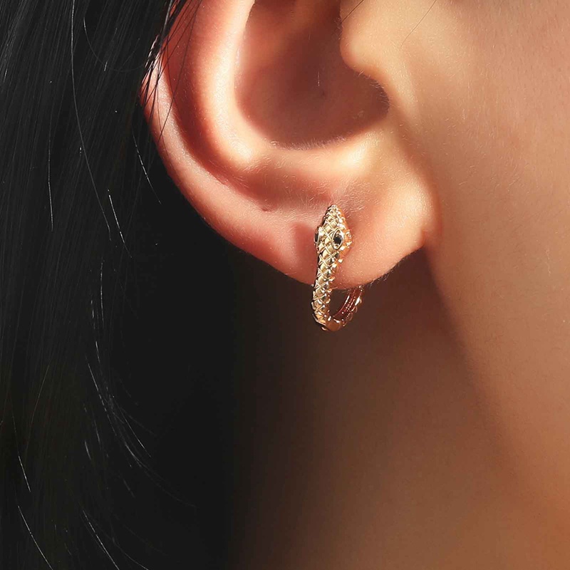 Anting Hoop Desain Ular Kecil Warna Silver Bahan Zirkon Hitam Gaya Punk Untuk Wanita