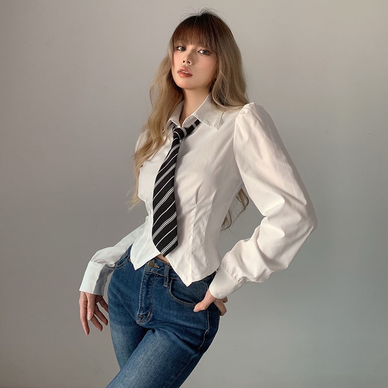 blouse korea kemeja SUCCUTE kuliah desain hem puff lengan kemeja lengan panjang wanita