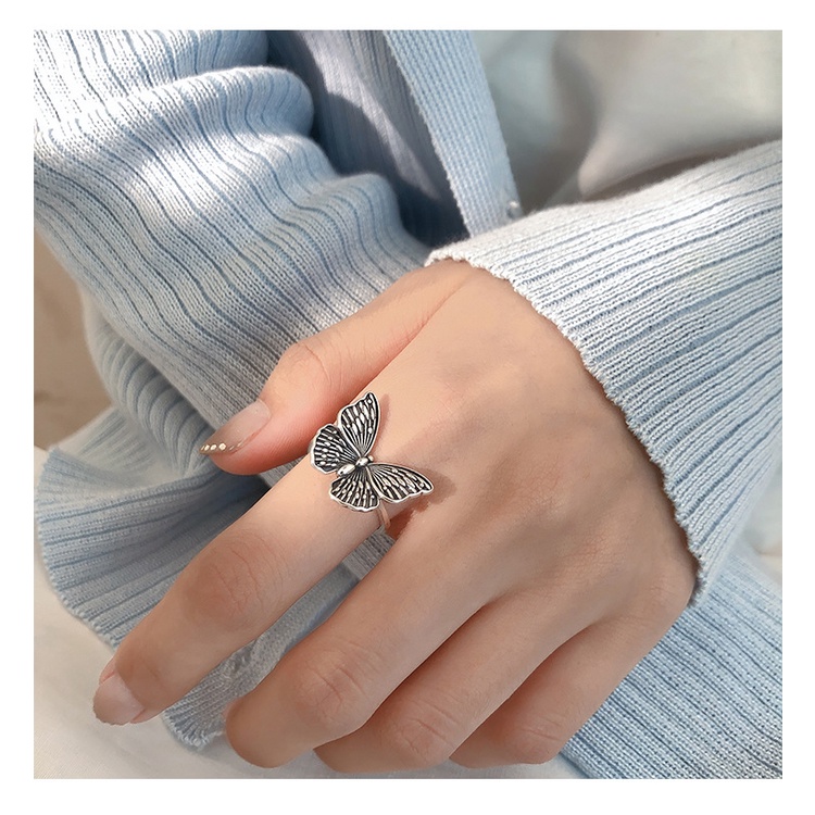 Cincin Jari Telunjuk Model Terbuka Desain Kupu-Kupu Bahan 925 Sterling Silver Gaya Retro Korea Untuk Wanita