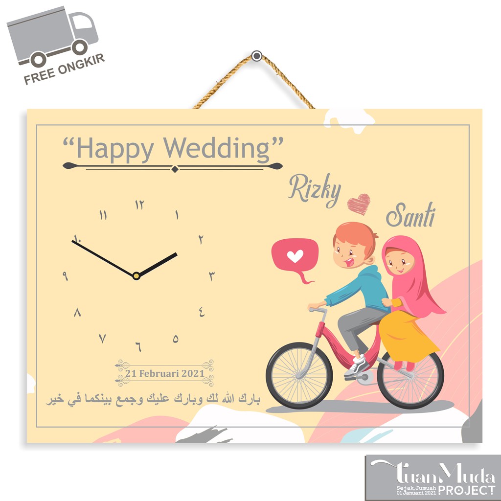 Jam Dinding Kayu Kado Pernikahan Unik Kartun Nuansa Islam Souvenir Nikah Cantik
