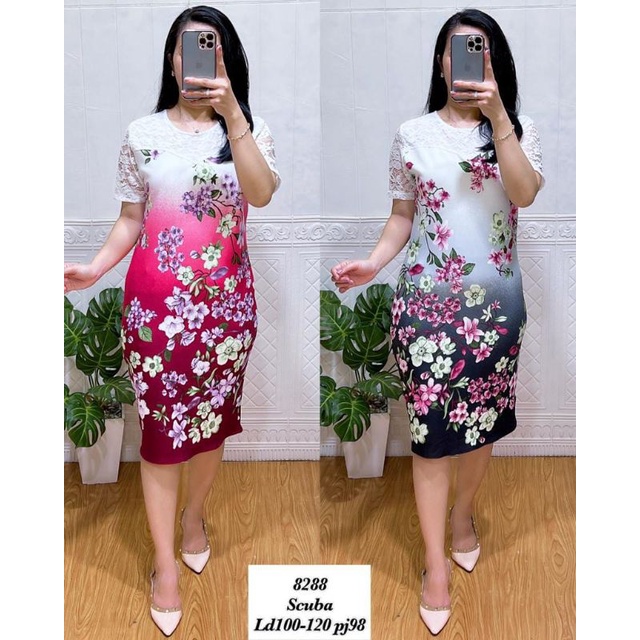 dress scuba kombinasi brukat atas corak bunga panjang 98 ukuran L-XL