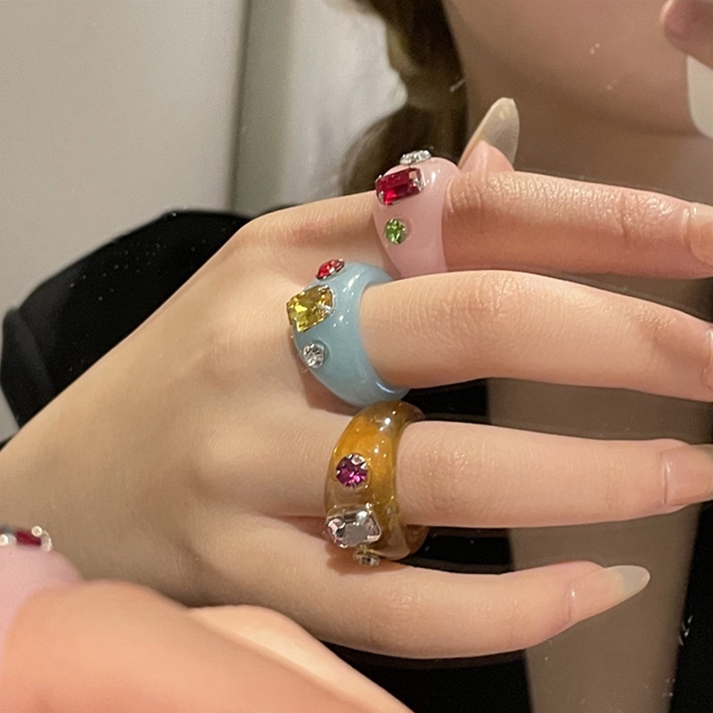 Perhiasan Cincin Kristal Berlian Imitasi Geometris Warna-Warni Gaya Korea Untuk Wanita